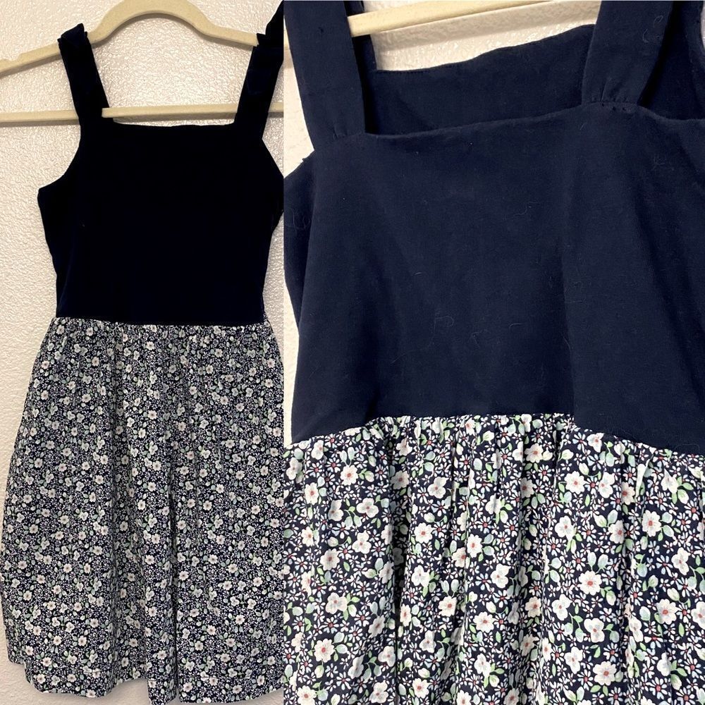 Gap kids girls navy blue tie shoulder floral skirted dress side zip L 10/11